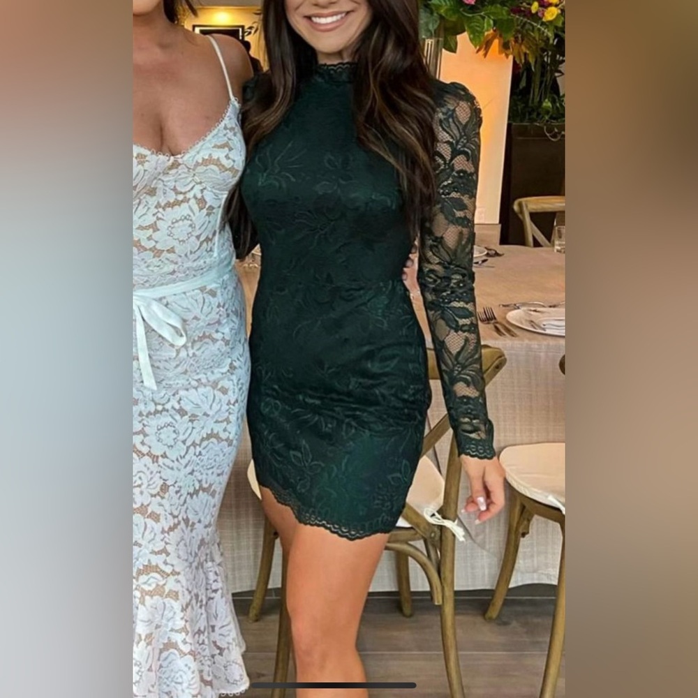 Lulus Charming Essence Emerald Green Lace Cutout Mock Neck Mini Dress